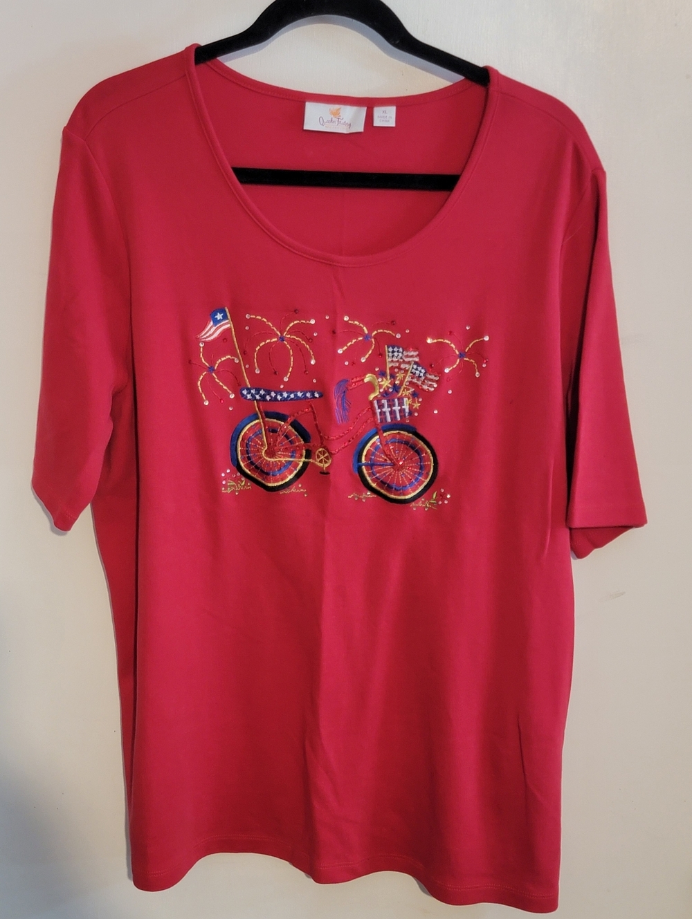Quacker Factory Red Short-Sleeve 4th Of July Bicycle Graphic Tee NWOT